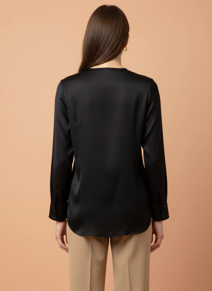 Summer Satin Black Front Pleated Tunic