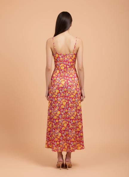 Satin Digital Print  Shoulder Strap Bodycon Maxi Dress With Slash Pocket