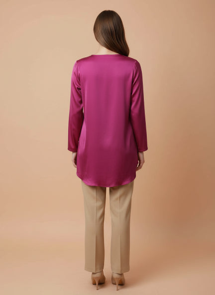 Summer Satin Magenta Mandarin Collar Button Tunic