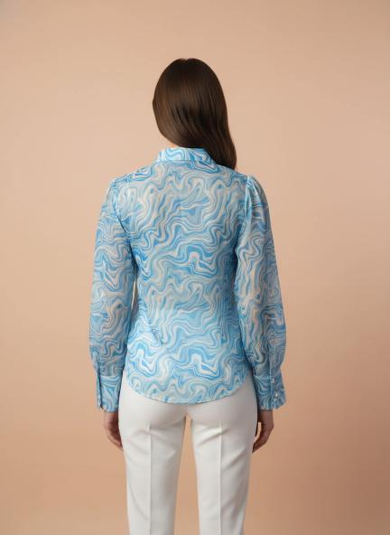 Premium Organza Blue And White Long Length Curved Hem Digital Print Shirt