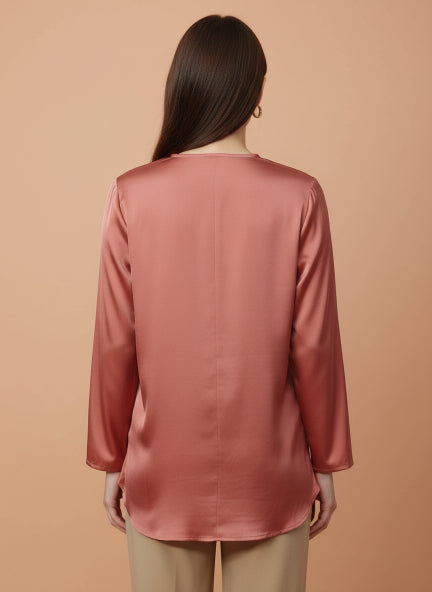 Summer Satin Coral Mandarin Collar Button Tunic