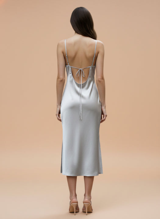 Satin Silver Grey V-Neck Midi Dress