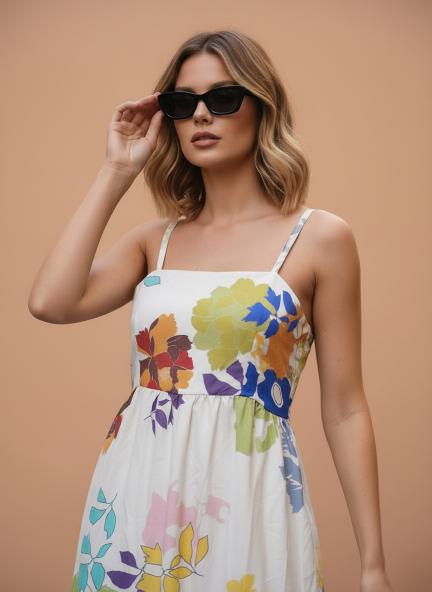 Premium Micro Digital Print  Shoulder Strap Maxi Dress With Slash Pocket