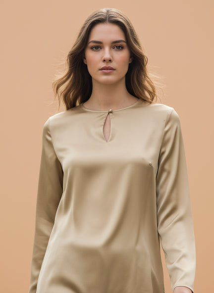 Summer Satin Gold Mandarin Collar Button Tunic