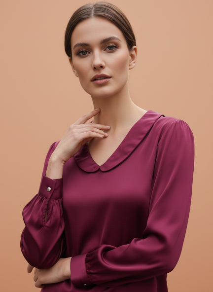 Summer Satin Deep Plum Peter Pan Collar Top