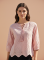 Chic Cutwork Women’s Top with Tassel Tie