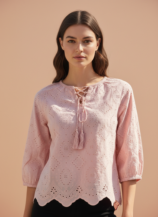 Chic Cutwork Women’s Top with Tassel Tie