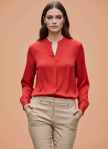 Summer Satin Red Front Pleated Tunic