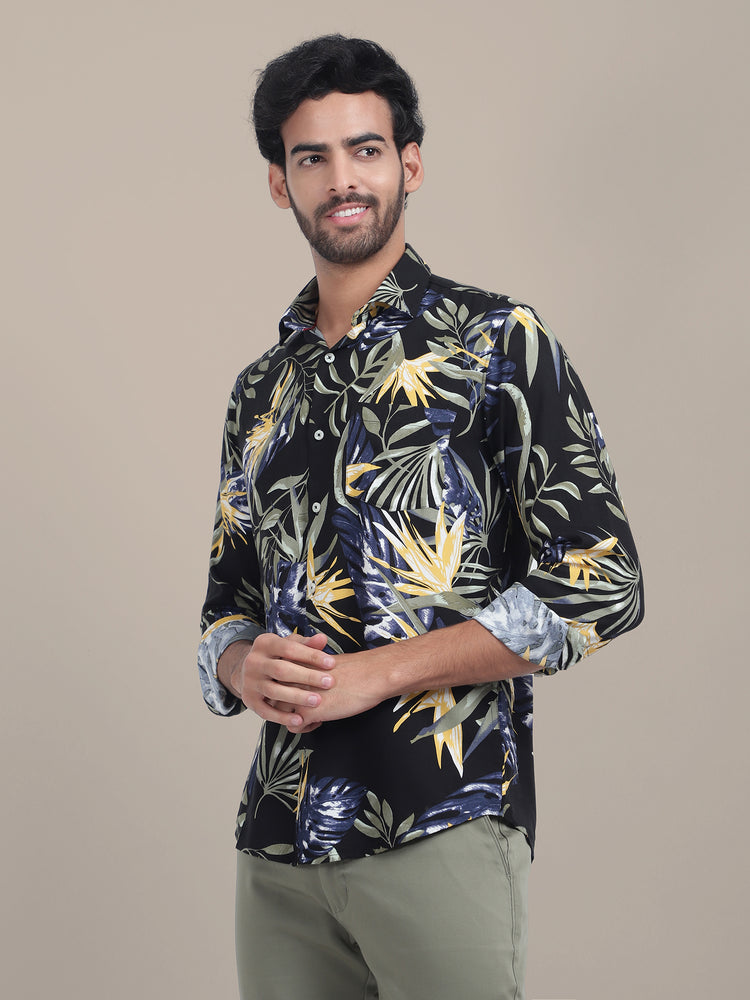 Men's Premium Rayon Shirt With Jungle Print In Full Sleeve And Black Color