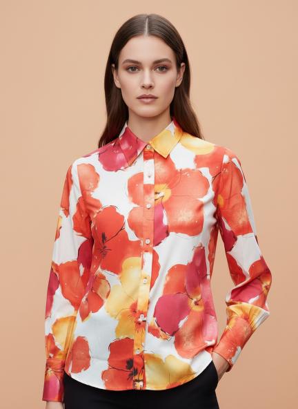 Premium American Crepe Multicolour Long Length Curved Hem Digital Print Shirt