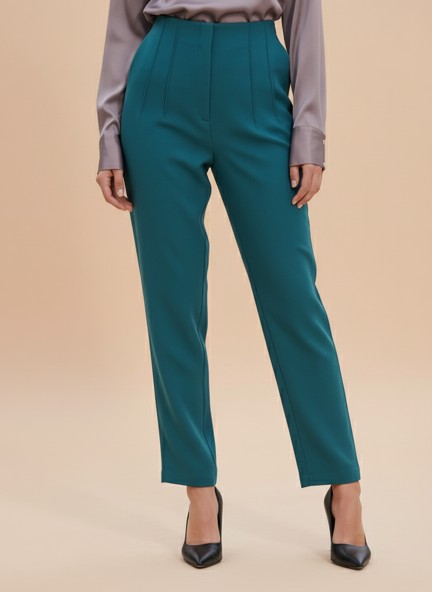 Banana Crepe Teal Skin Fit With Multi Pleated Trouser