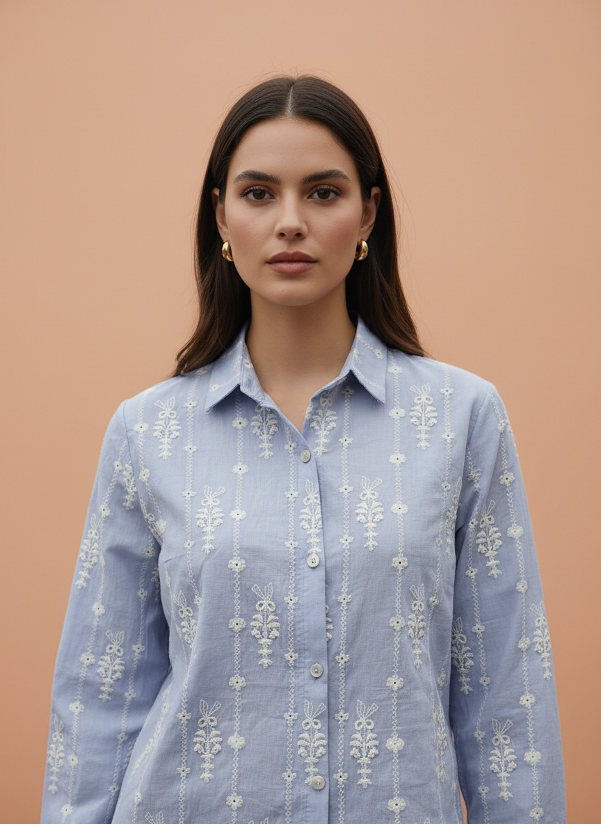 Elegant Aqua Embroidered Women’s Shirt