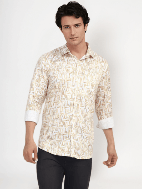 Men'S Poly Satin Lycra Mustard Digital Printed Shirt
