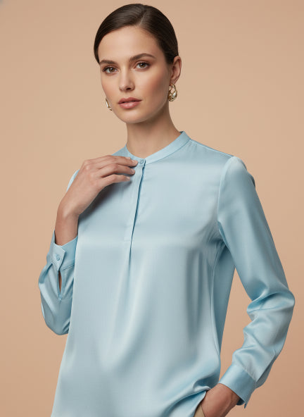 Summer Satin Light Cyan Front Pleated Tunic