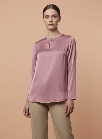 Summer Satin Rose Pink Mandarin Collar Button Tunic