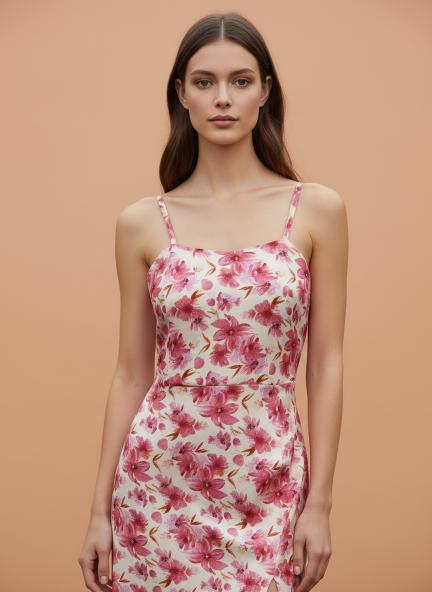 Satin Digital Print  Maxi Dress With Slash Pocket