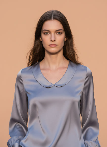 Summer Satin Bluish Grey Peter Pan Collar Top