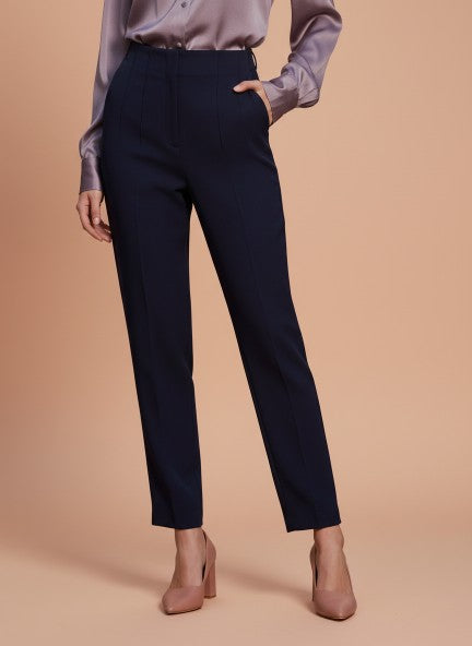 Banana Crepe Navy Skin Fit With Multi Pleated Trouser