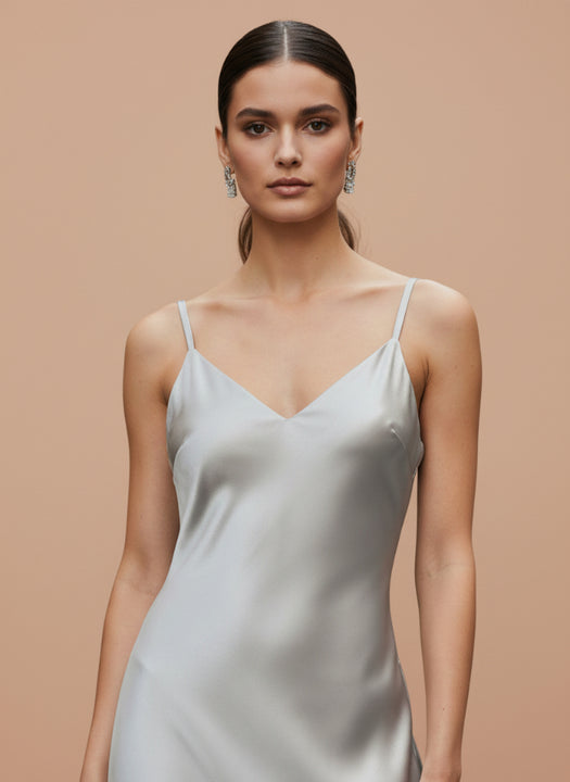 Satin Silver Grey V-Neck Midi Dress