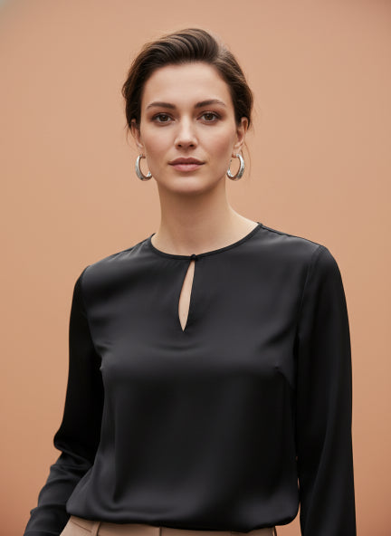 Summer Satin Black Mandarin Collar Button Tunic