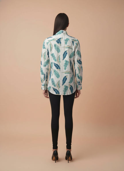 Women'S Rayon Shirt With Classic White & Green Tropical Print