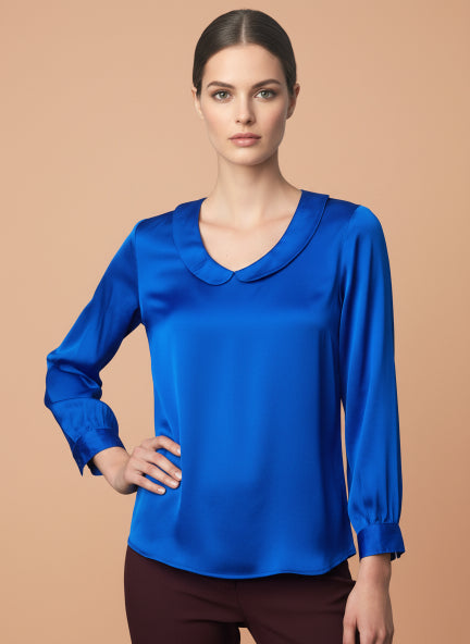 Summer Satin Royal Blue Peter Pan Collar Top