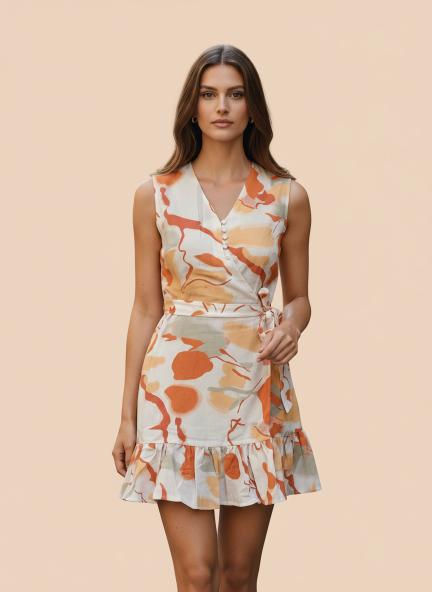 Cambric Digital Print  V Neck Flare Dress With Slash Pocket