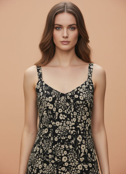 Rayon Printed V Neck Shoulder Strap Maxi Dress