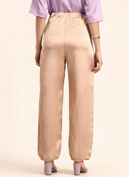 Satin Wide Leg Pants European Fabric  Light Beige Glam Look
