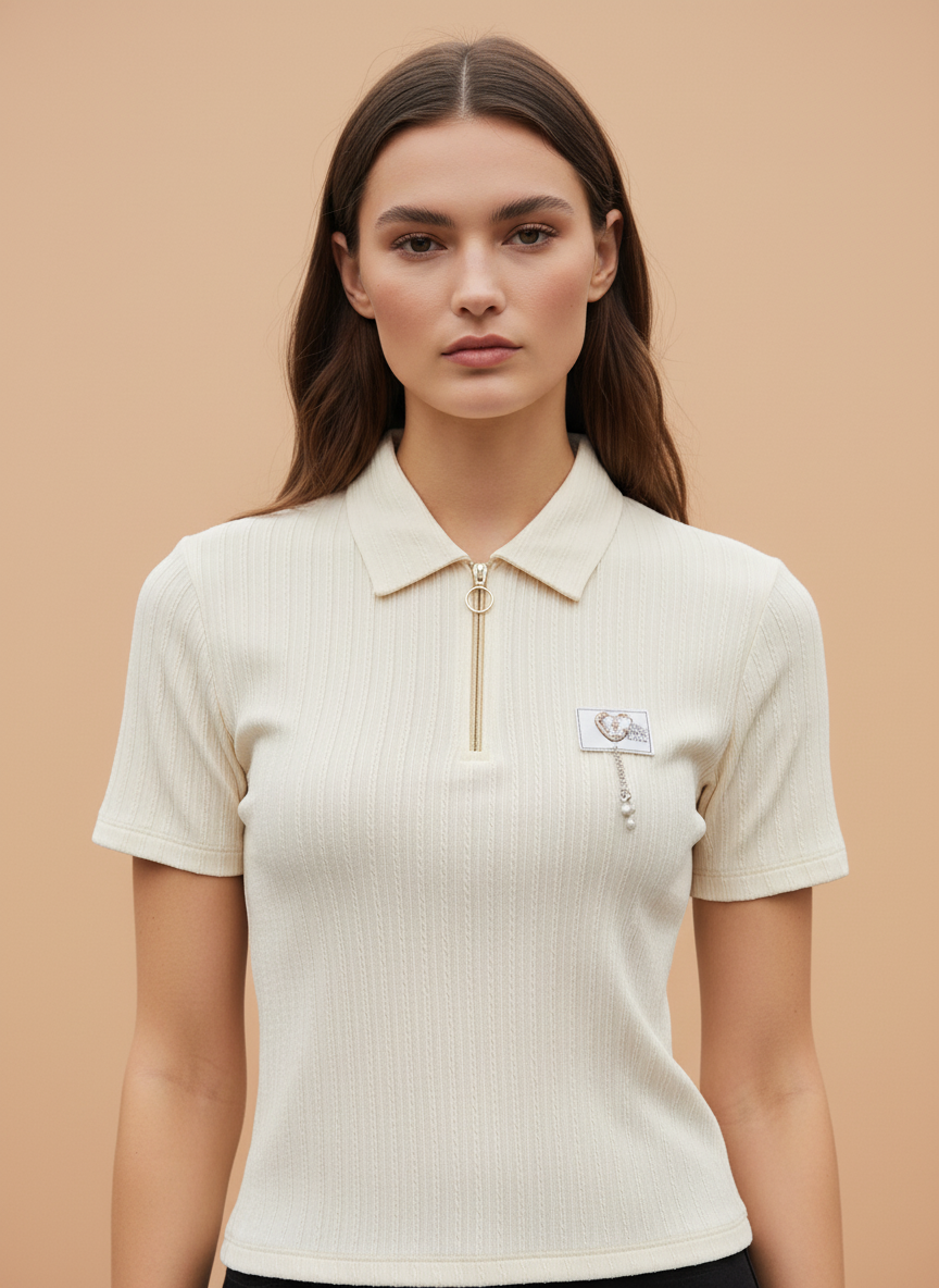 Women’s Off White Ribbed Knit Quarter Zip Polo T-Shirt