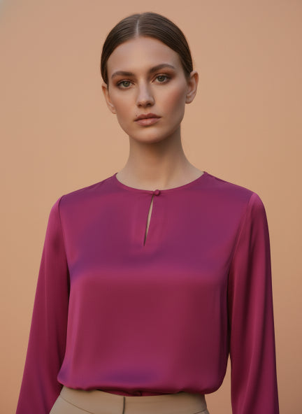 Summer Satin Magenta Mandarin Collar Button Tunic