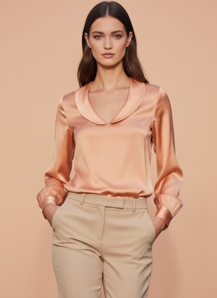 Summer Satin Crimson Orange Peter Pan Collar Top