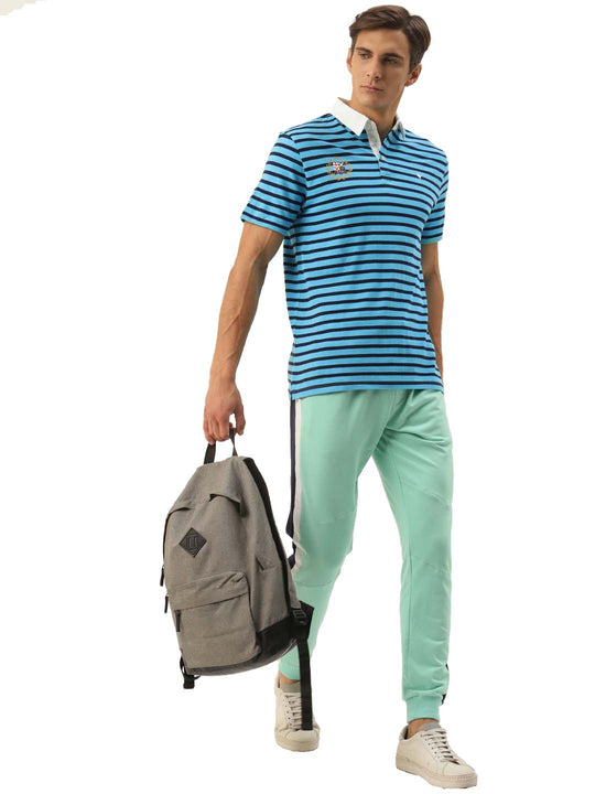 Premium Blue Cotton Striped Half Sleeve Polo