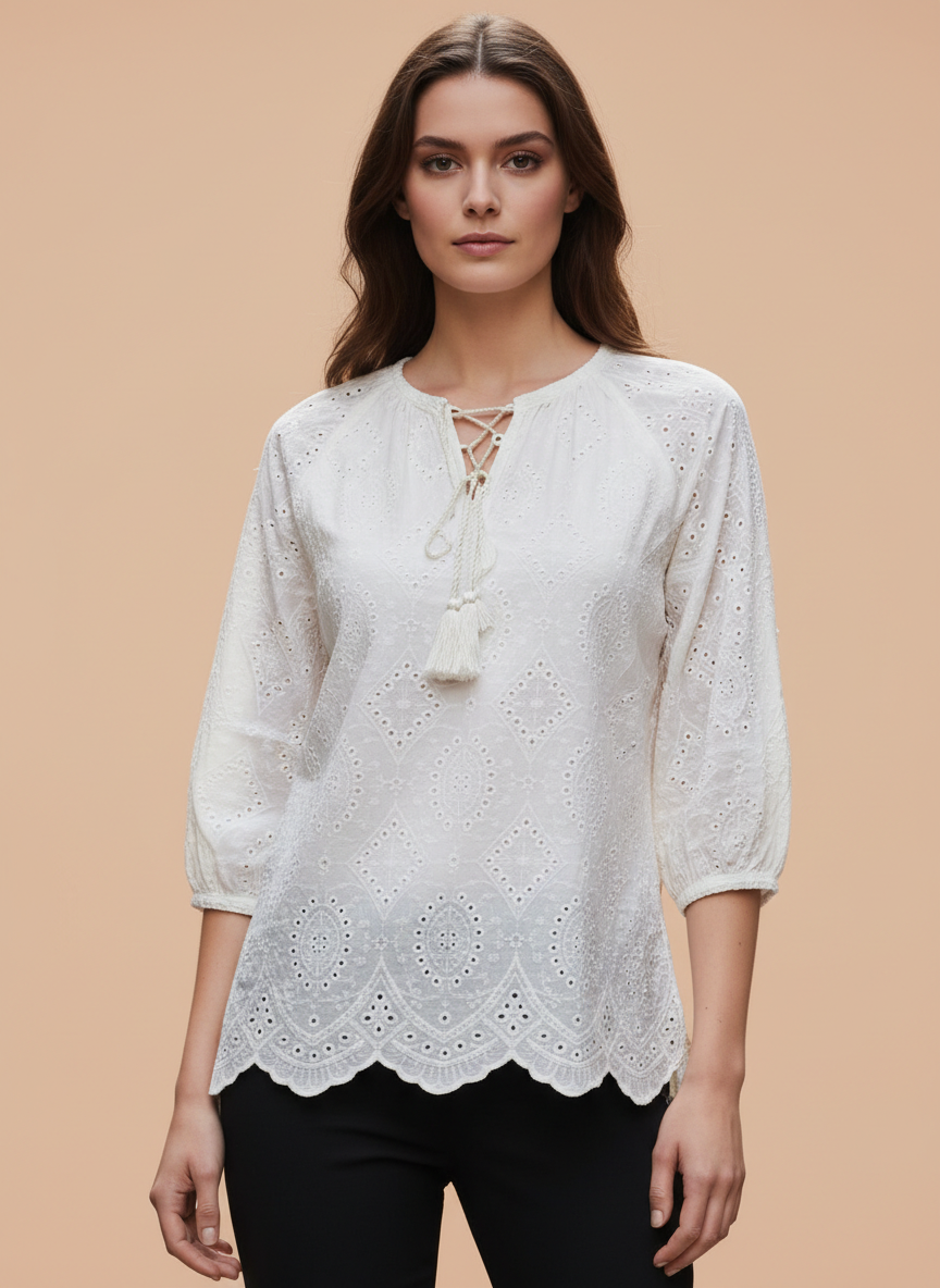 Chic Cutwork Women’s Top with Tassel Tie