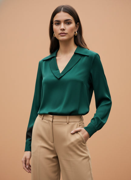 Summer Satin Emerald Green Peter Pan Collar Top