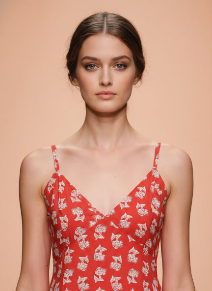 Rayon Printed Fit & Flare V Neck Shoulder Strap Maxi Dress