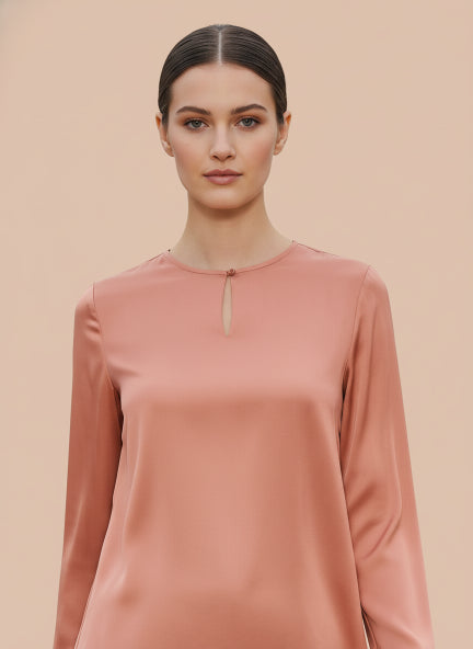 Summer Satin Coral Mandarin Collar Button Tunic