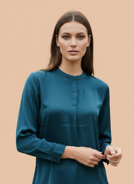 Summer Satin Deep Teal Front Pleated Tunic