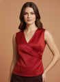 European Satin V Neck Pleated Sleeveless Top