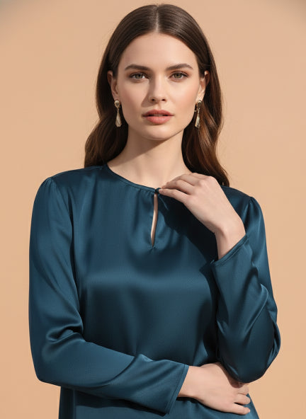 Summer Satin Deep Teal Mandarin Collar Button Tunic