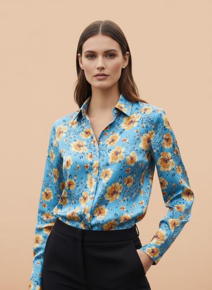 Linen Satin Multicolour Long Length Curved Hem Digital Print Shirt