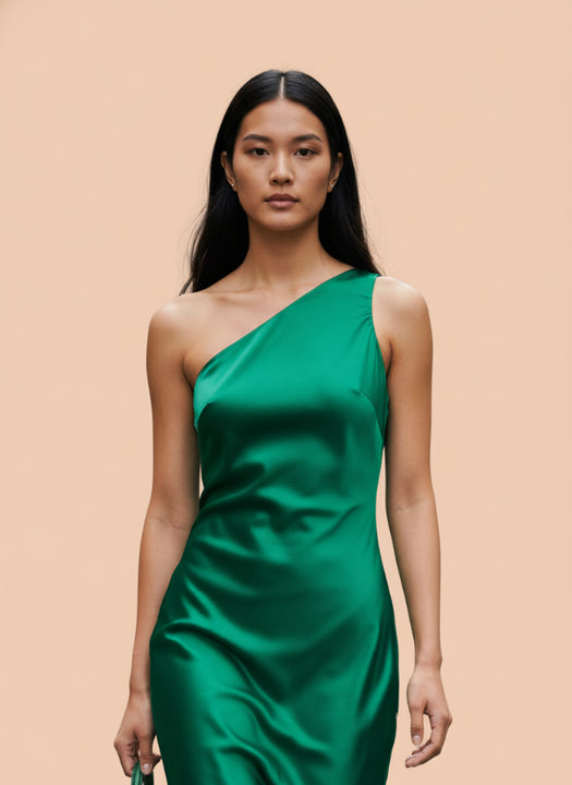 European Satin Emerald Green Midi Dress