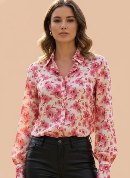 Satin Digital Print Puff Sleeve Shirt