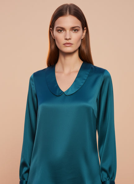 Summer Satin Peacock Peter Pan Collar Top