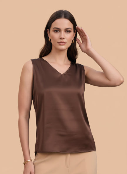European Satin V Neck Sleeveless Top