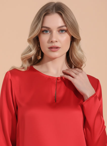 Summer Satin Red Mandarin Collar Button Tunic