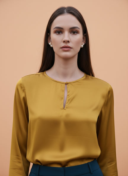 Premium Summer Satin Mettalic Gold Mandarin Collar Button Tunic