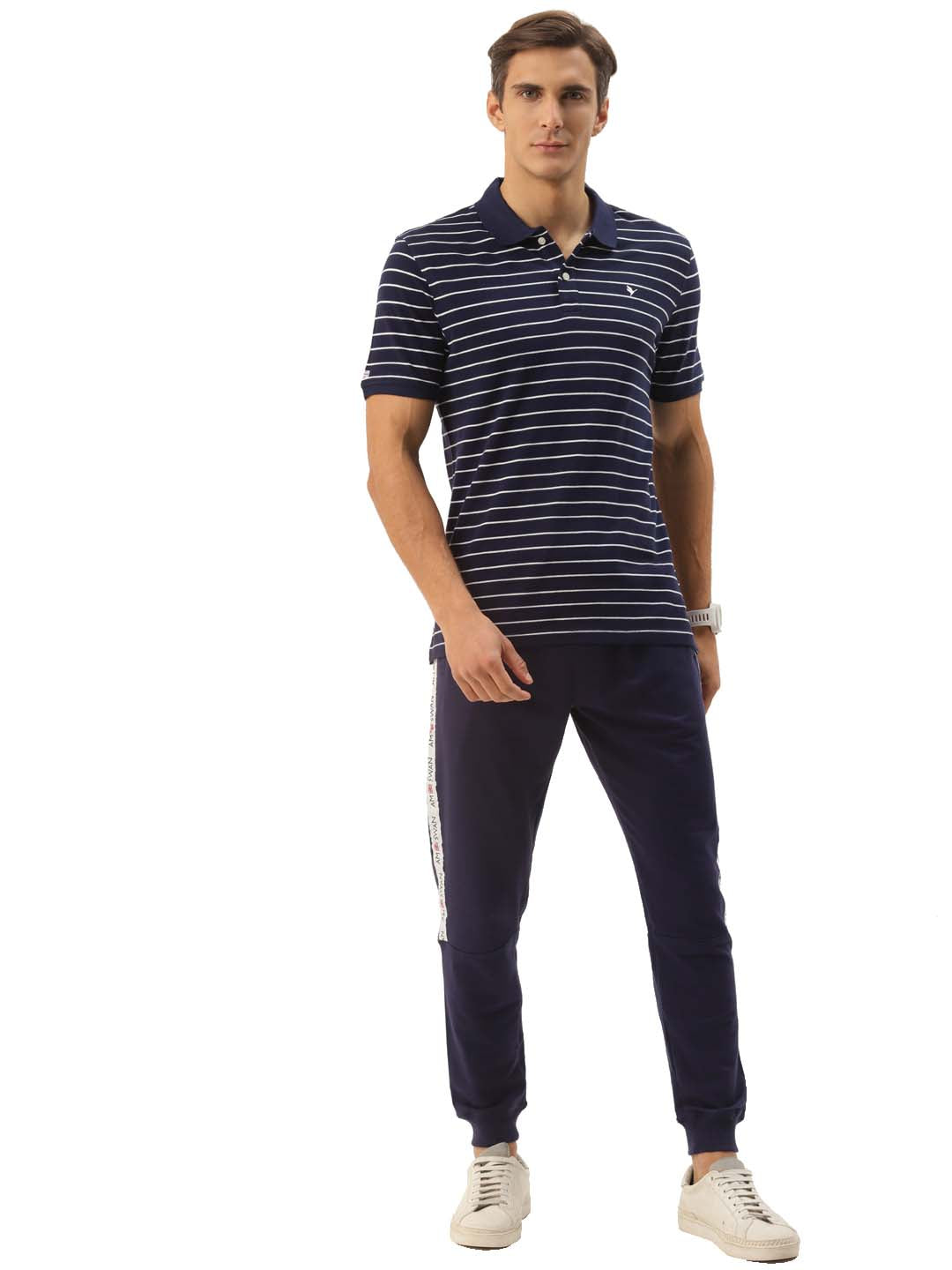 Premium Navy Cotton Striped Half Sleeve Polo