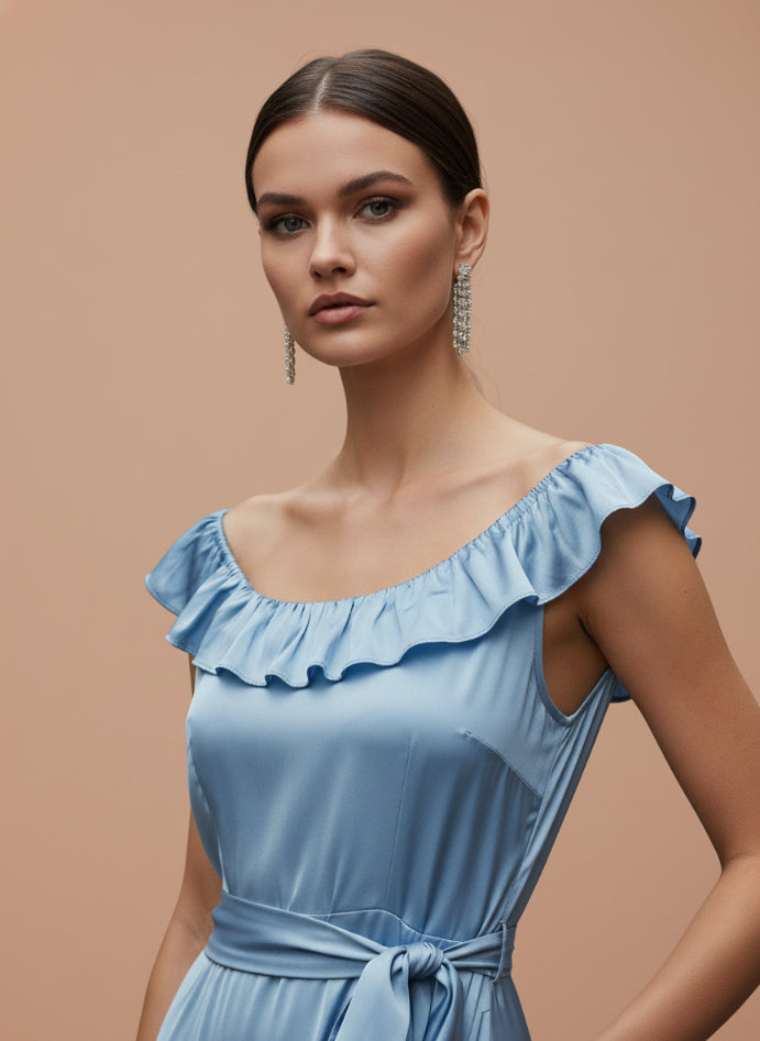 European Satin Ice Blue Mist Midi Dress