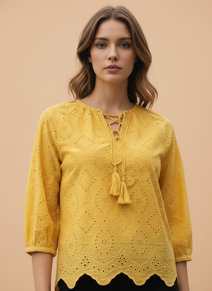 Chic Cutwork Women’s Top with Tassel Tie